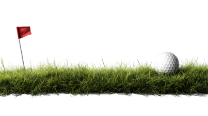 Golf ball near hole on green grass on transparent background