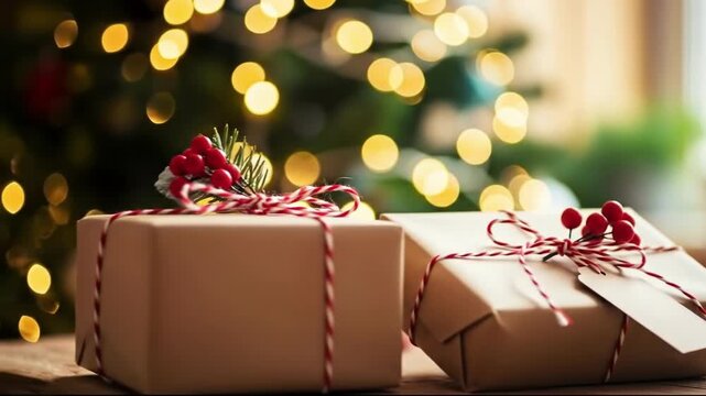 Christmas gift wrapped in brown paper with red and white twine and a sprig of holly, placed in front of a blurred christmas tree with warm bokeh lights