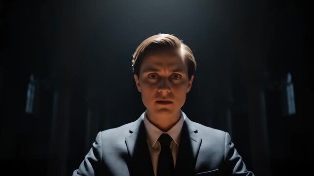 Serious man in formal suit standing at lectern in dark grand hall with spotlight focused overhead