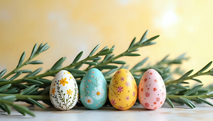 Four colorful decorated easter eggs with green branch on  table, isolated on yellow background - Easter Day festive celebration and spring holiday decor concept 