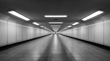 Empty, long tunnel, white walls, bright lights