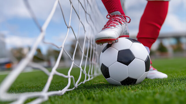 Soccer player in red uniform controlling ball on field with white net - Powered by Adobe