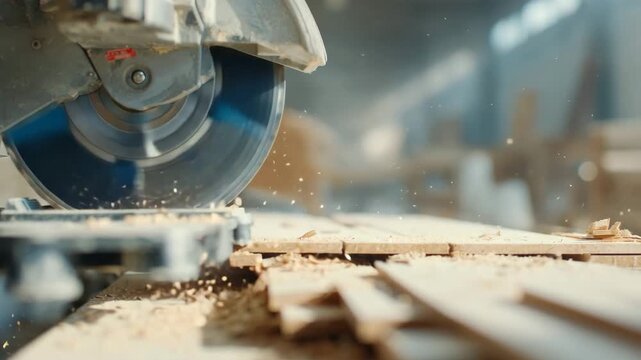 Wood pieces are being expertly cut in a sunlit workshop. The sound of the saw echoes as dust fills the air. Craftsmen are focused on their detailed work