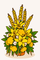 Vibrant Yellow Lily Bouquet With Fresh Green Leaves And Buds Elegant Floral Arrangement For Joyful Celebration And Home Decor