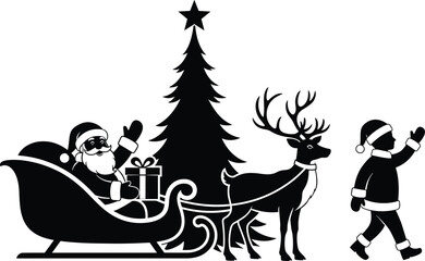 Santa Claus silhouette, Christmas tree, reindeer, festive holiday scene, gift delivery, winter celebration, black and white vector, seasonal illustration, holiday spirit