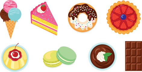 Vector Dessert Clipart Featuring Ice Cream, Cake, Donuts, Tarts, Macarons, Chocolate, Pudding, and Mousse – Colorful Sweet Treat Icons