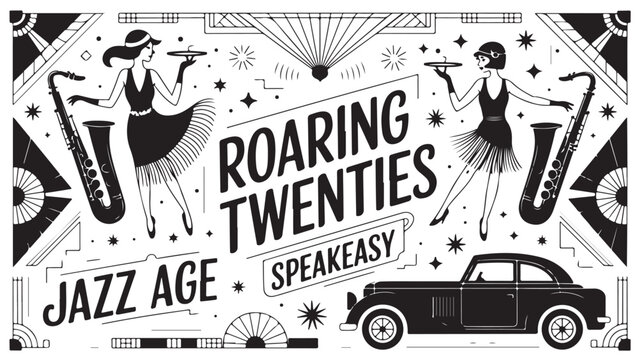 Two elegant flapper women serving drinks at a Roaring Twenties speakeasy embodying the Jazz Ages glamour excitement and freedom