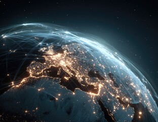 A detailed view of Europe and surrounding areas illuminated, showing a network of connections