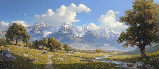 Pastoral Serenity: A Sun-Drenched Valley Beneath Majestic, Snow-Capped Peaks
