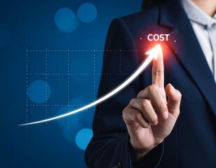 A person in a suit points to an upward trending graph indicating rising costs, symbolizing financial growth and economic challenges.