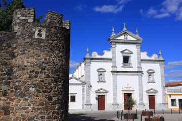 Portugal, Alentejo region, Beja. Historical centre of Beja with details of the exterior of the medieval castle and the Baroque styled Cathedral.
