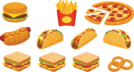 Vector Fast Food Clipart Featuring Burgers, Pizza, Tacos, Sandwiches, Fries, Hot Dogs, Onion Rings – Colorful Junk Food Icons