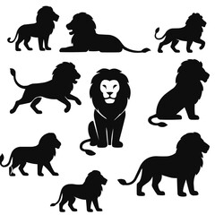 Lion silhouettes in different positions, black vector illustration isolated on white background