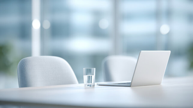 Minimal workspace setup.Minimal workspace setup with laptop and glass of water on clean white table creating calm and productive environment