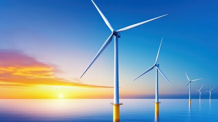 Fototapeta premium Scenic View of Wind Turbines in Ocean at Sunset, Clean Energy Concept for Sustainable Future and Environmental Conservation