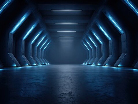 Futuristic tunnel lit by vibrant blue neon lights