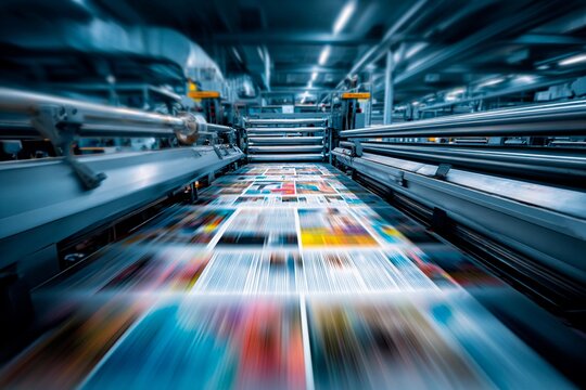 Colorful magazines are being printed at high speed in a busy printing press. The facility is filled with machinery, showing the energy and efficiency of the printing process