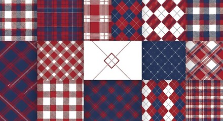 A collection of plaid and argyle patterns in various shades of red and blue