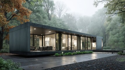 Fototapeta premium Modern Minimalist House Surrounded by Lush Green Forest Environment
