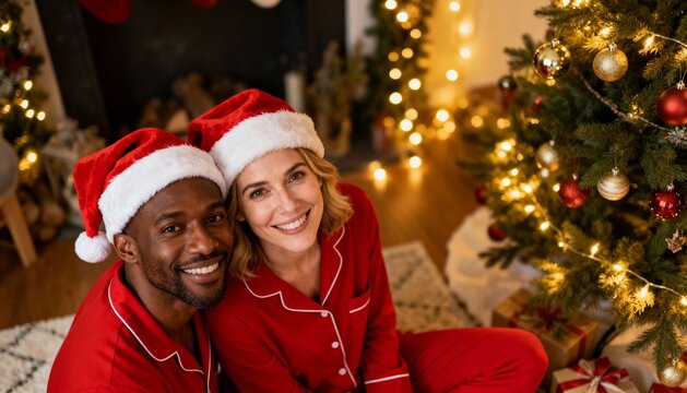 Happy Interracial couple wearing red Christmas pajamas Santa hats holiday celebration festive sleepwear matching outfits copy space romantic christmas