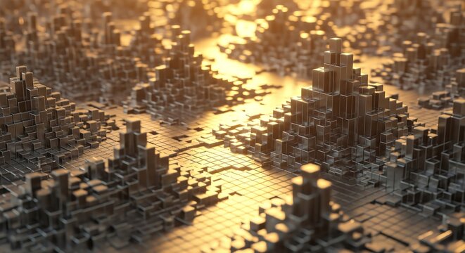 A Futuristic View of Abstract Voxel Mountain Digital Scenery