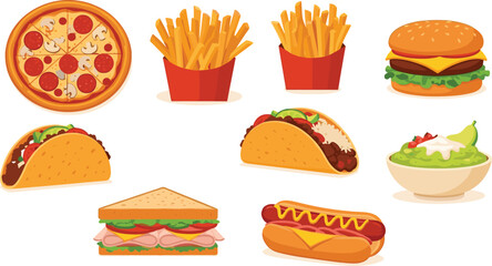 Vector Fast Food Clipart Featuring Pizza, Burgers, Tacos, Sandwiches, Fries, Hot Dogs, Onion Rings, and Guacamole – Colorful Meal Icons