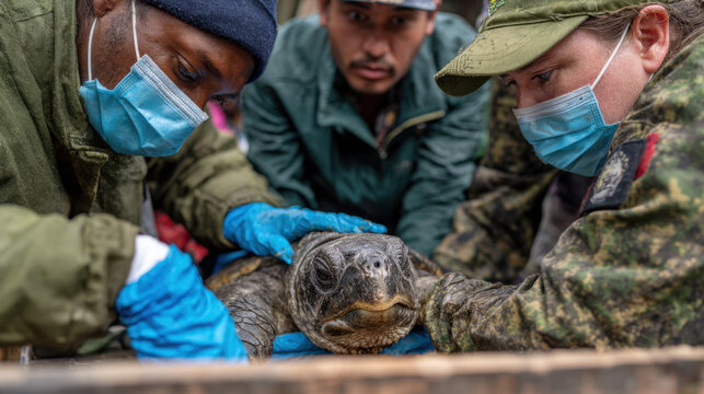 Veterinarians examining distressed sea turtle in outdoor setting, wearing masks and gloves while providing medical care and conservation support amidst nature. - Powered by Adobe