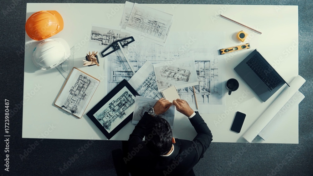 Aufkleber top view of skilled engineer selecting material for house design while sitting at meeting table with