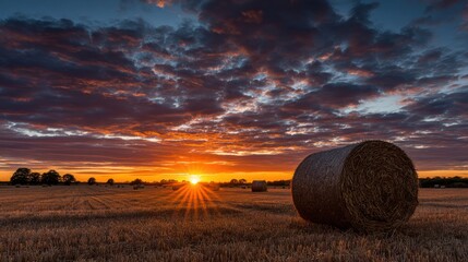 Sunset over hay bale field