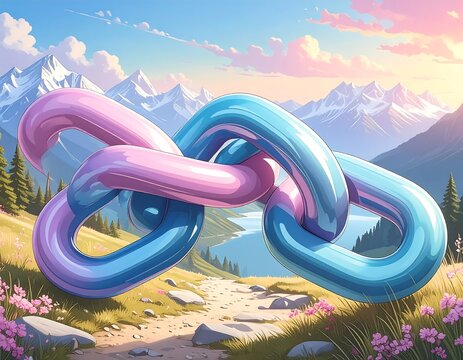 A vibrant, stylized chain link spans a scenic mountain path.  Pastel pink and blue links, glossy and smooth, intertwine against a backdrop of snowy peaks, a serene lake, and lush greenery