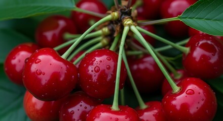Aromatic cluster of ripe cherries with water droplets, a tempting summer treat