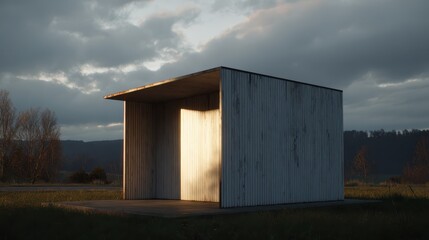 Obraz premium Modern minimalist structure in serene landscape with dramatic lighting