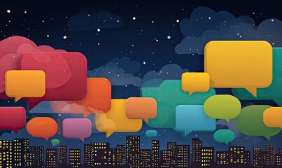 Colorful speech bubbles float above a city at night