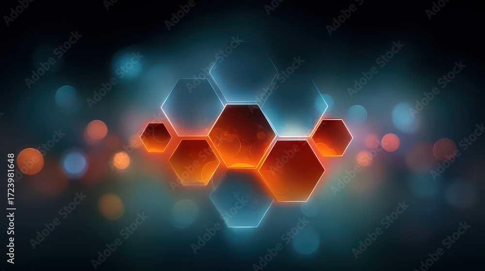 Poster abstract glowing hexagonal shapes with blurred colorful bokeh background for modern design projects