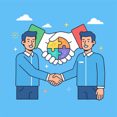 Two men in blue and white uniforms shaking hands flat design illustration