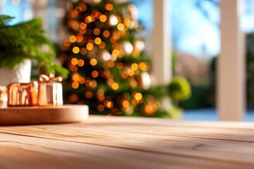 A clean empty wooden table ready for product display montages with a beautiful and festive Christmas tree in the outoffocus background