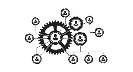 Organizational structure represented with gears showcasing teamwork and hierarchy with connections