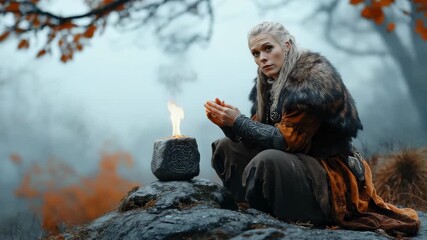 Slavic warrior: viking spirit, feminine courage, tribal shield, ancient saga, bold stance, legendary tale, nordic myth, fearless gaze, warrior code, cultural essence