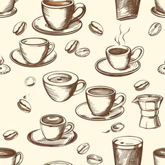 Seamless Coffee Pattern. Modern Coffee Beans and Cup Seamless Design. Minimalist Coffee Pattern for Packaging and Branding