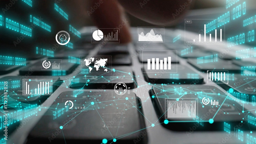Poster close-up view of a keyboard with digital analytics elements like graphs, charts, and data visuals ov