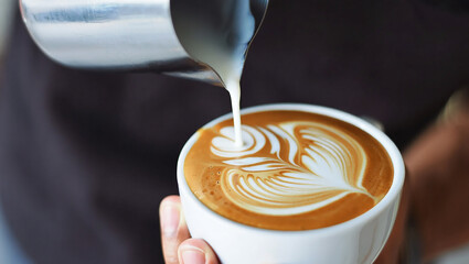 Pouring Cream into Coffee Creating Beautiful Latte Art in a White Cup