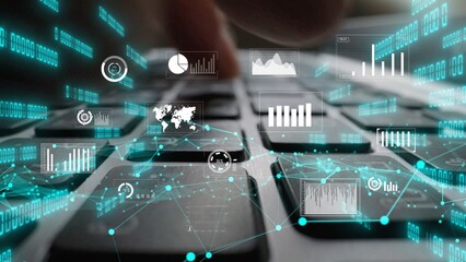 Close-up view of a keyboard with digital analytics elements like graphs, charts, and data visuals overlaying, representing modern business technology and insights. Xenic
