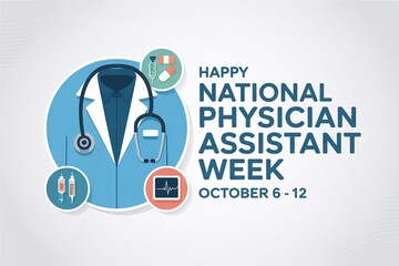 Happy National Physician Assistant Week banner with a stethoscope and medical icons, celebrating healthcare professionals during their dedicated week in October.