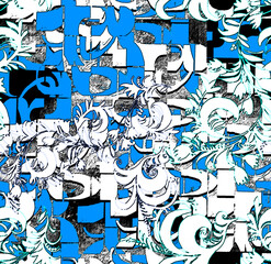 Graphic seamless background. Grunge texture with a beautiful pattern. For fabric, paper, and more. Art texture. Hand-drawn lines, splashes of paint, and blurred effects. Grunge texture.Grunge design.