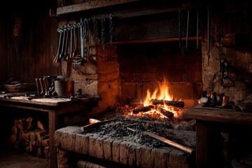 Flames dance in the fireplace of a traditional blacksmith shop. Tools hang on the walls and wooden surfaces display crafting equipment, creating a warm atmosphere