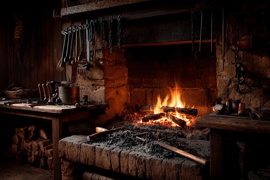Flames dance in the fireplace of a traditional blacksmith shop. Tools hang on the walls and wooden surfaces display crafting equipment, creating a warm atmosphere