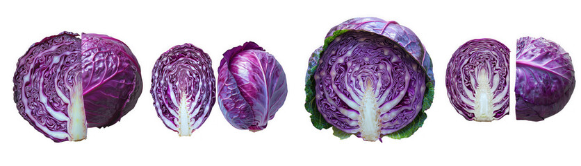 Obraz premium Collection of red cabbages, whole and halved, isolated on transparent background