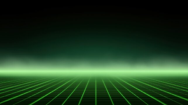 A mesmerizing depiction of a cybernetic landscape with neon green grid lines stretching into the horizon, cloaked in an eerie mist.