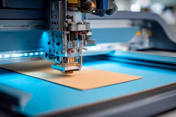 Fototapeta premium A powerful printing machine is applying intricate designs to a blank sheet of material in a bright workshop. The setup showcases innovative technology in action