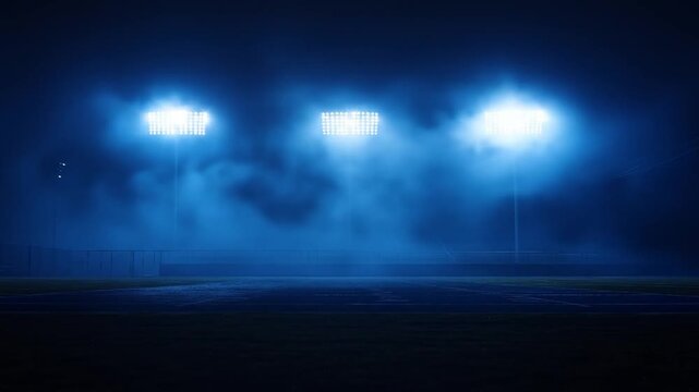 Empty sports field at night, illuminated by bright stadium lights. Foggy atmosphere